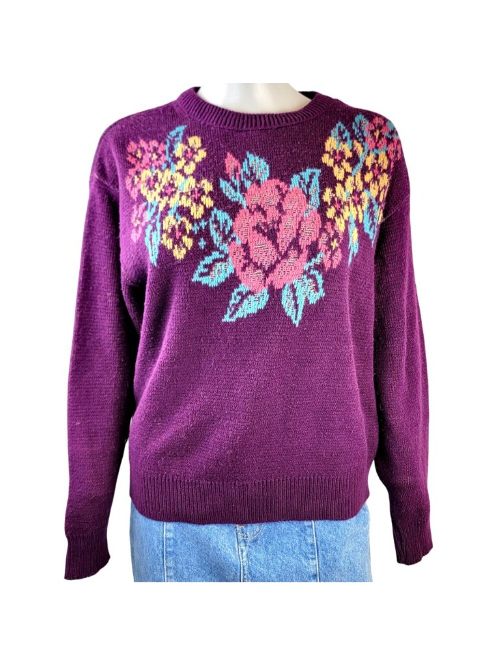 Vintage 80s Floral Sweater Women XL 14 Purple Knit Top Colorful Flower Soft 16 - Picture 2 of 13